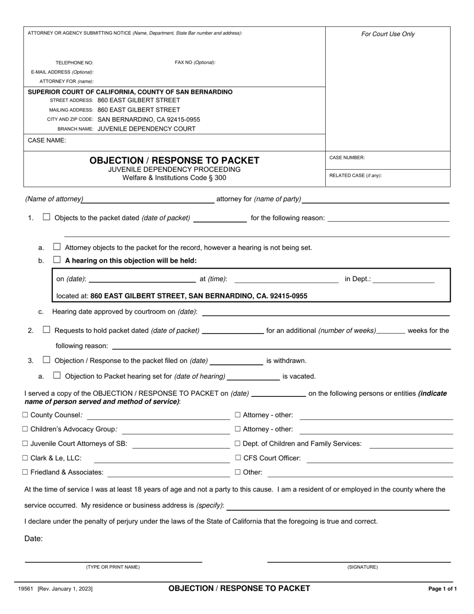 Form 19561 Objection / Response to Packet (Dependency) - County of San Bernardino, California, Page 1