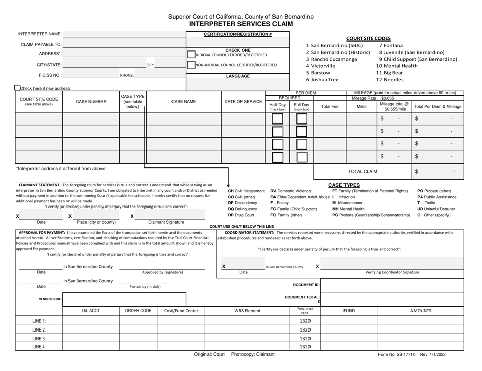 Form SB-17710 Interpreter Services Claim - County of San Bernardino, California, Page 1