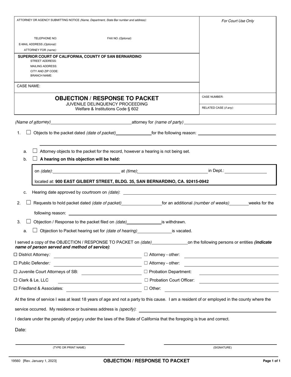 Form 19560 Objection / Response to Packet - County of San Bernardino, California, Page 1