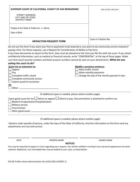 Form SB-16350 Infraction Request Form - County of San Bernardino, California