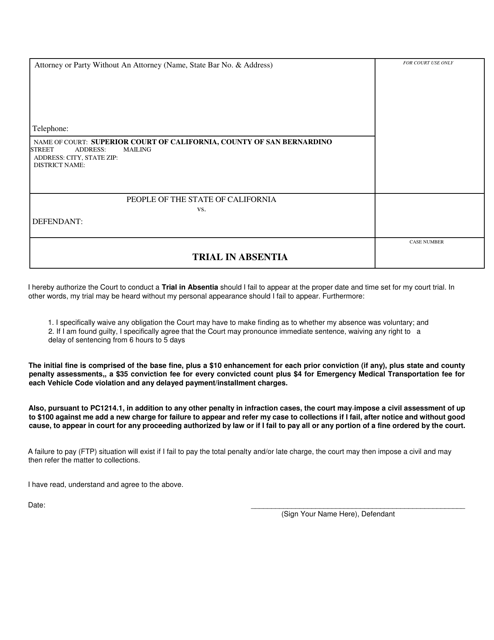 Form SB-13-01260-360 Trial in Absentia - County of San Bernardino, California