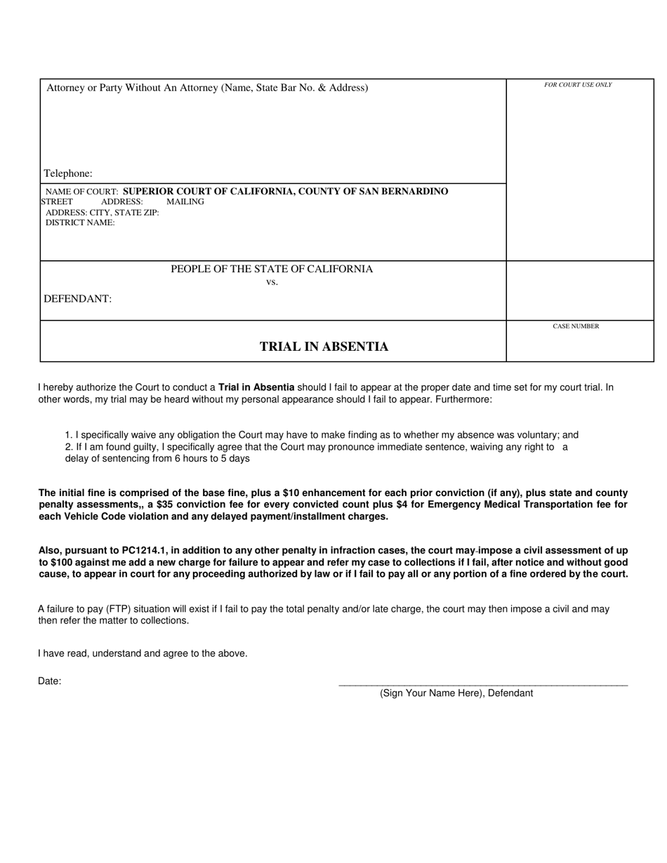 Form SB-13-01260-360 Trial in Absentia - County of San Bernardino, California, Page 1