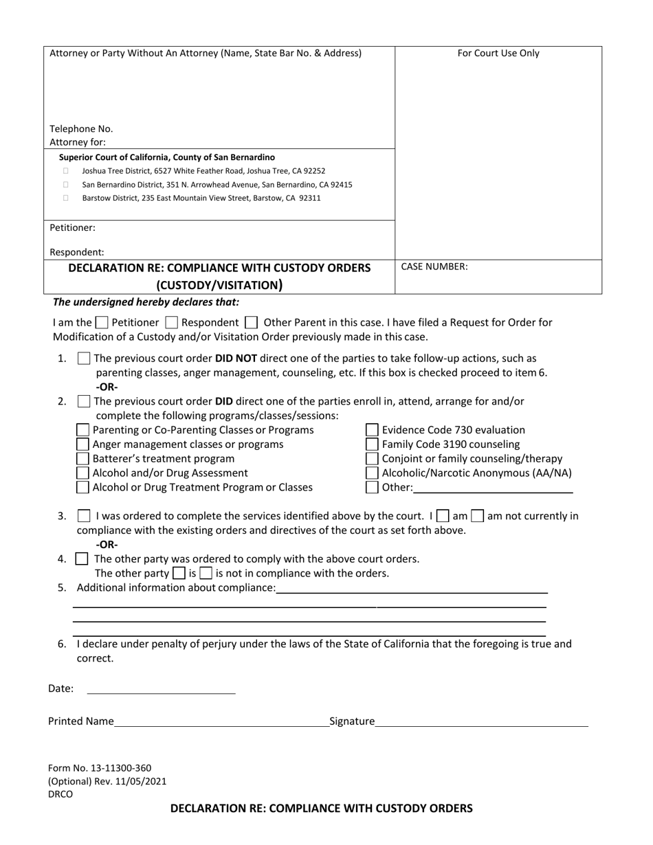 Form 13-11300-360 Declaration Re: Compliance With Custody Orders (Custody / Visitation) - County of San Bernardino, California, Page 1