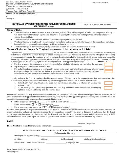 Form SB-13-17072-360 Notice and Waiver of Rights and Request for Telephonic Appearance - County of San Bernardino, California