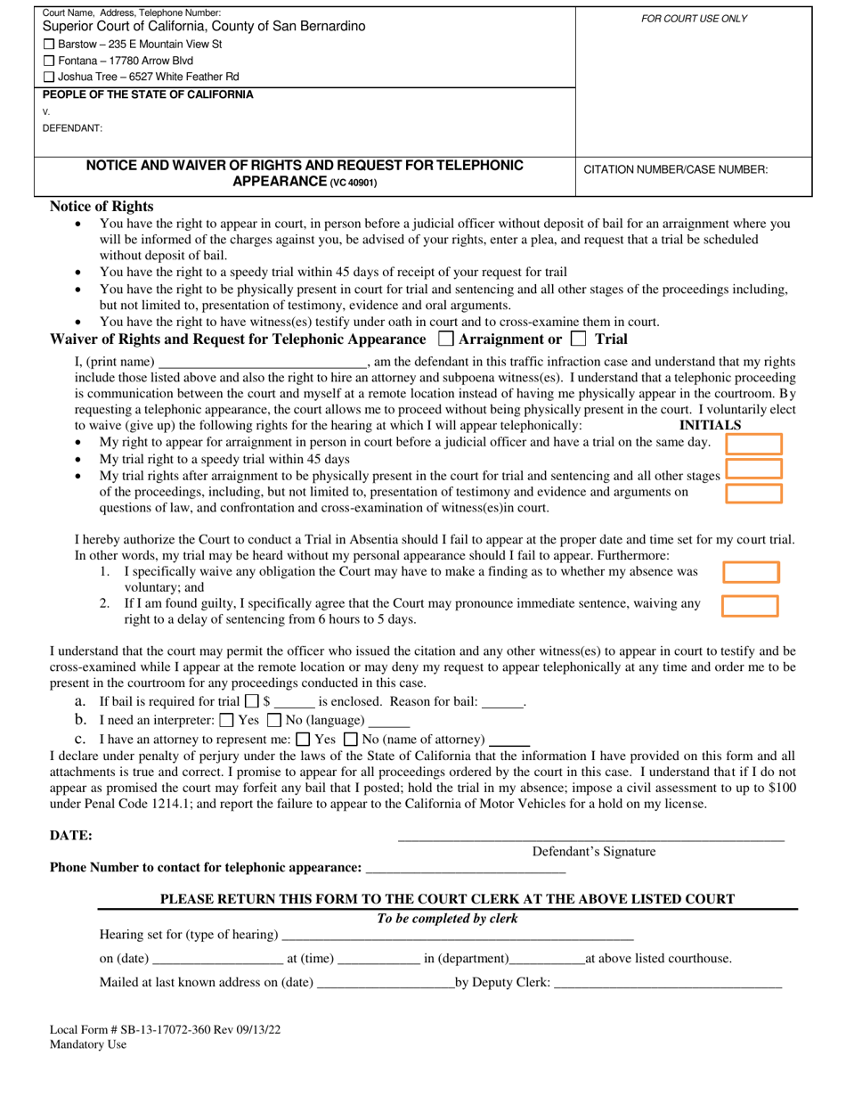 Form SB-13-17072-360 Notice and Waiver of Rights and Request for Telephonic Appearance - County of San Bernardino, California, Page 1