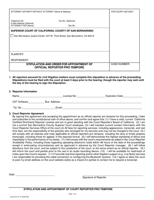 Form 13-18340-360 Stipulation and Order for Appointment of Official Reporter Pro Tempore - County of San Bernardino, California