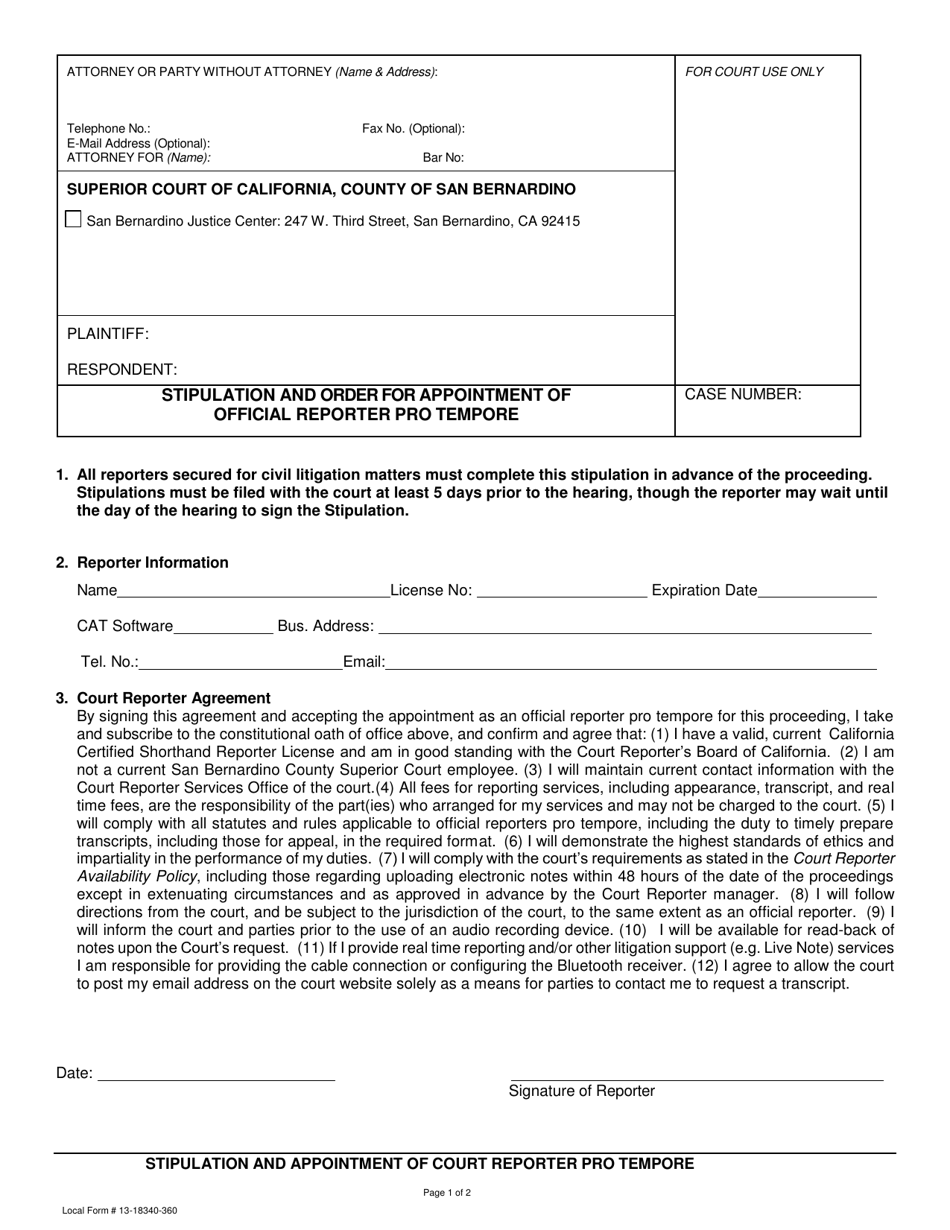 Form 13-18340-360 Stipulation and Order for Appointment of Official Reporter Pro Tempore - County of San Bernardino, California, Page 1