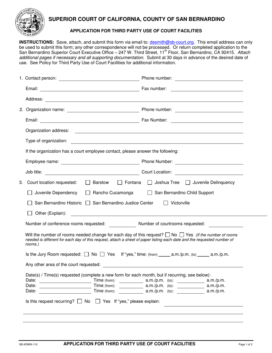 Form ADMIN-110 Application for Third Party Use of Court Facilities - County of San Bernardino, California, Page 1
