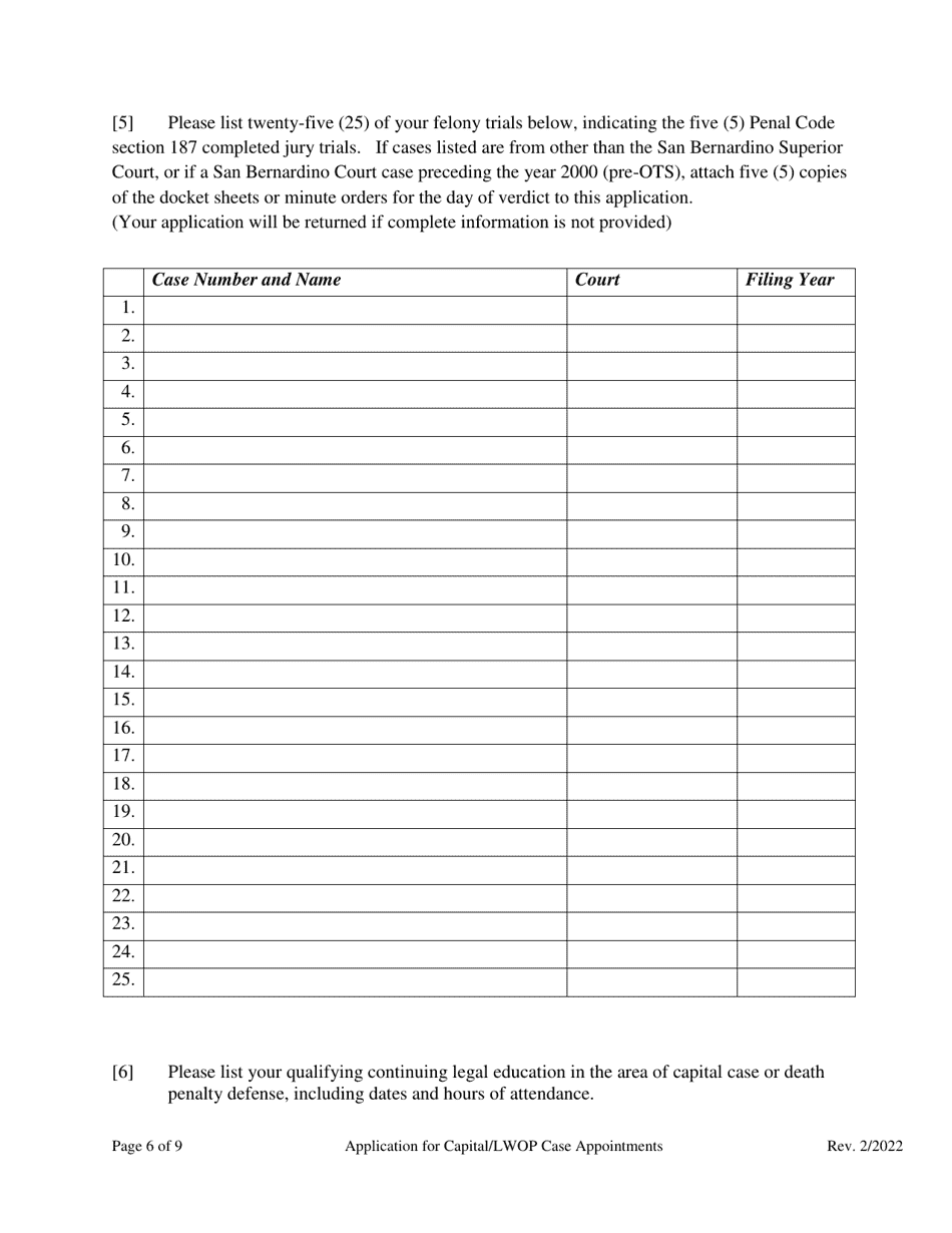 Application for Capital / Lwop Case Appointments - County of San Bernardino, California, Page 6