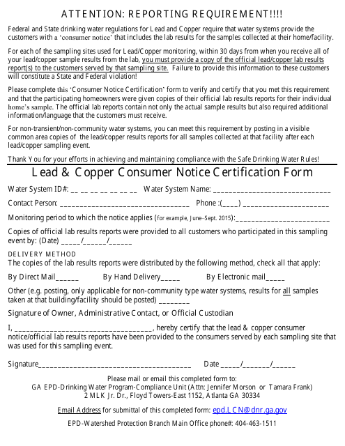 Lead & Copper Consumer Notice Certification Form - Georgia (United States)