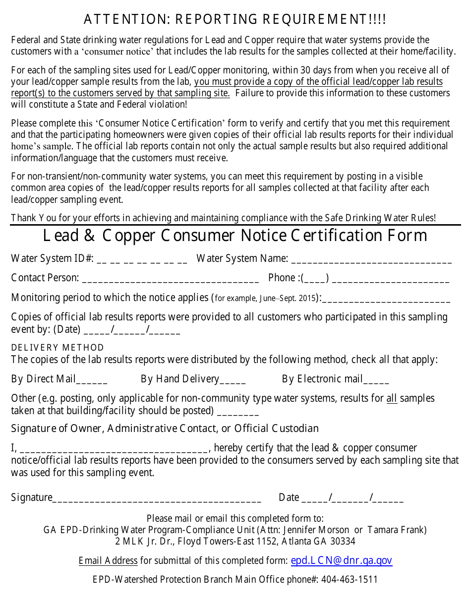 Lead  Copper Consumer Notice Certification Form - Georgia (United States), Page 1