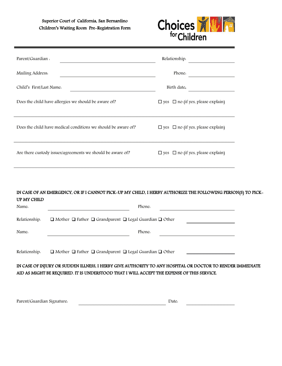 Childrens Waiting Room Pre-registration Form - County of San Bernardino, California, Page 2