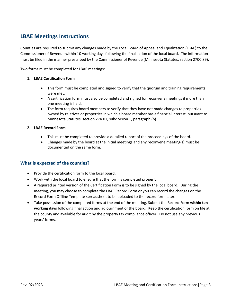 Local Board of Appeal and Equalization Meeting and Certification Form Instructions - Minnesota, Page 3