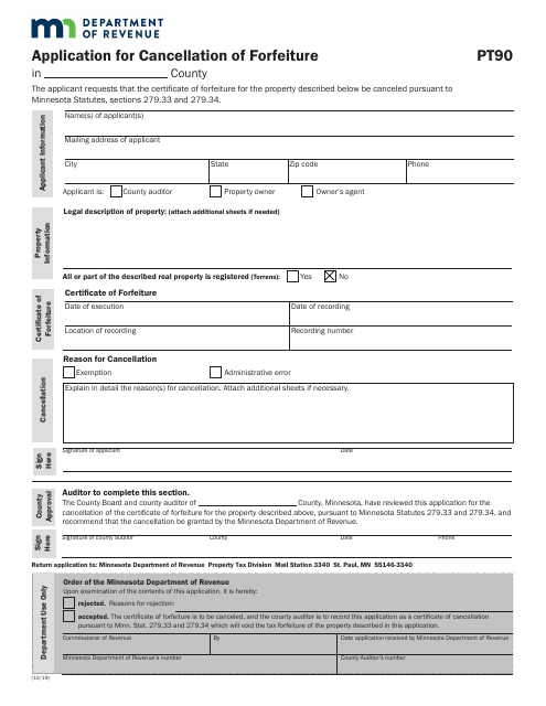 Form PT90 Application for Cancellation of Forfeiture - Minnesota