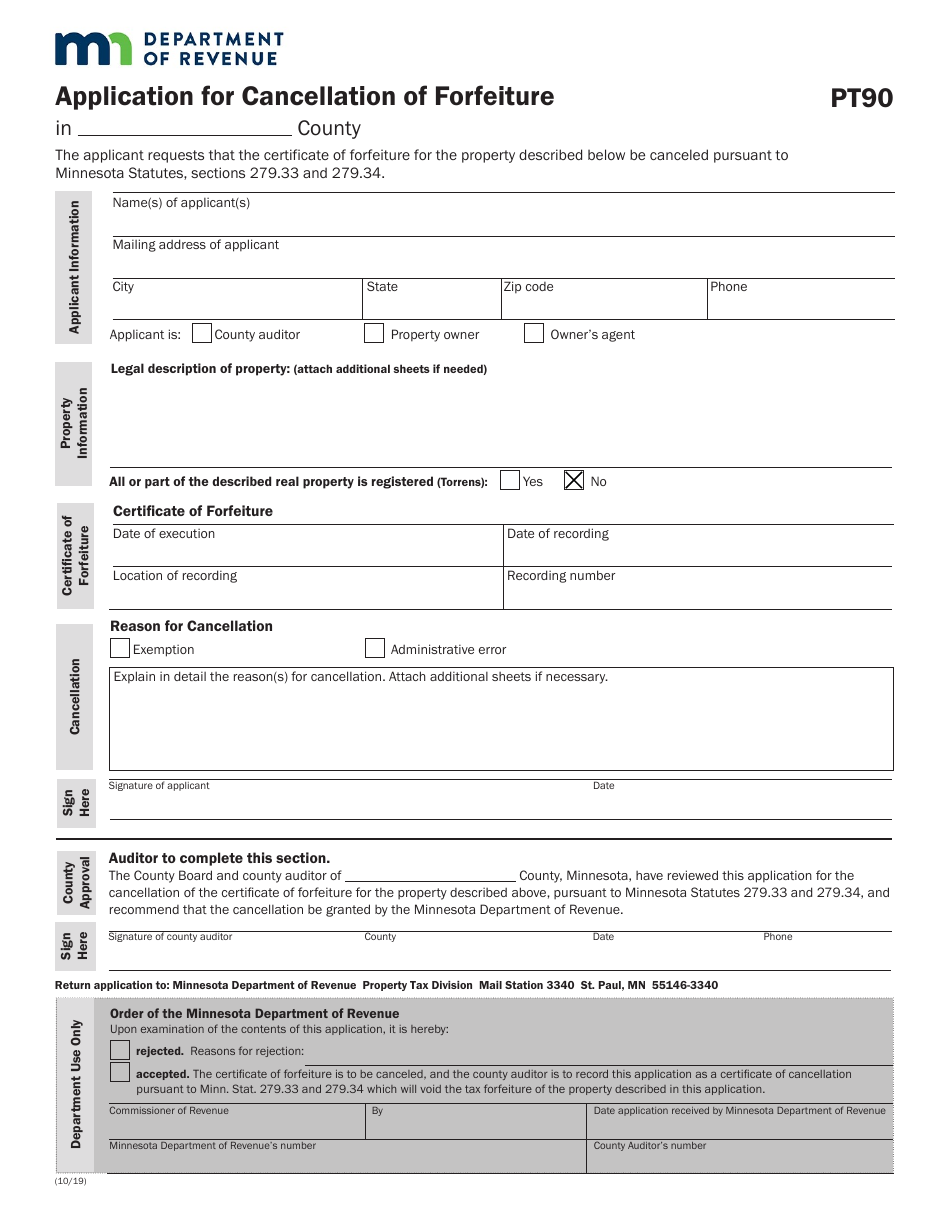 Form PT90 Application for Cancellation of Forfeiture - Minnesota, Page 1