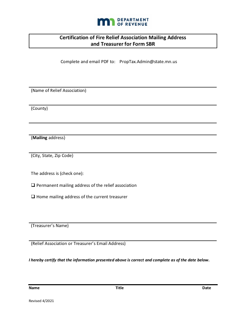 Certification of Fire Relief Association Mailing Address and Treasurer for Form Sbr - Minnesota Download Pdf