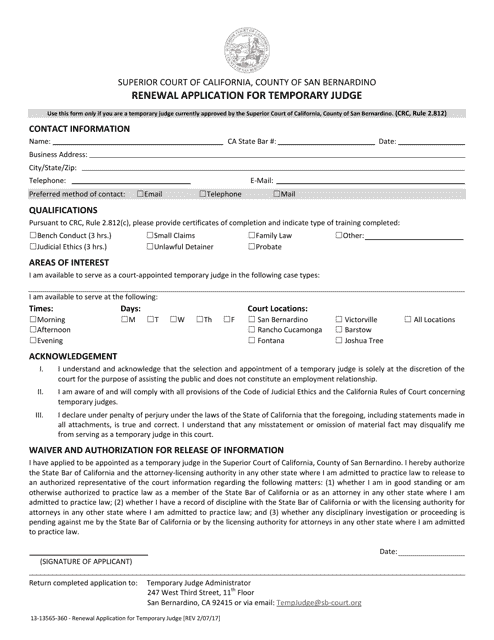 Form 13-13565-360 Renewal Application for Temporary Judge - County of San Bernardino, California