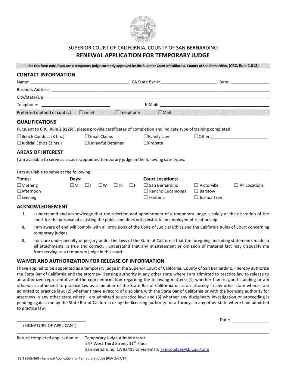 Form 13-13565-360 Renewal Application for Temporary Judge - County of San Bernardino, California, Page 1