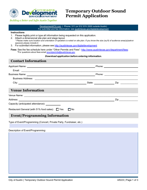 Temporary Outdoor Sound Permit Application - City of Austin, Texas Download Pdf