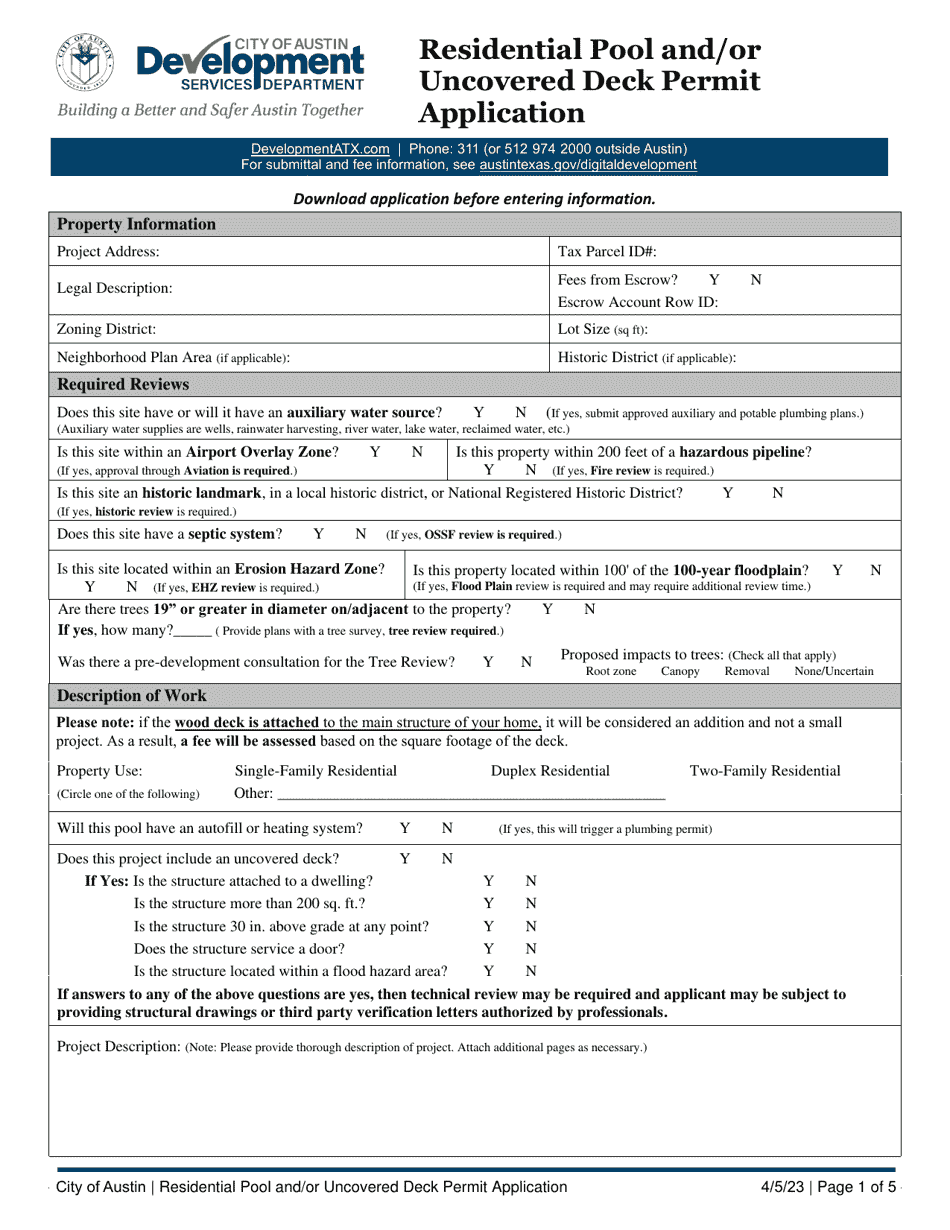 Residential Pool and / or Uncovered Deck Permit Application - City of Austin, Texas, Page 1