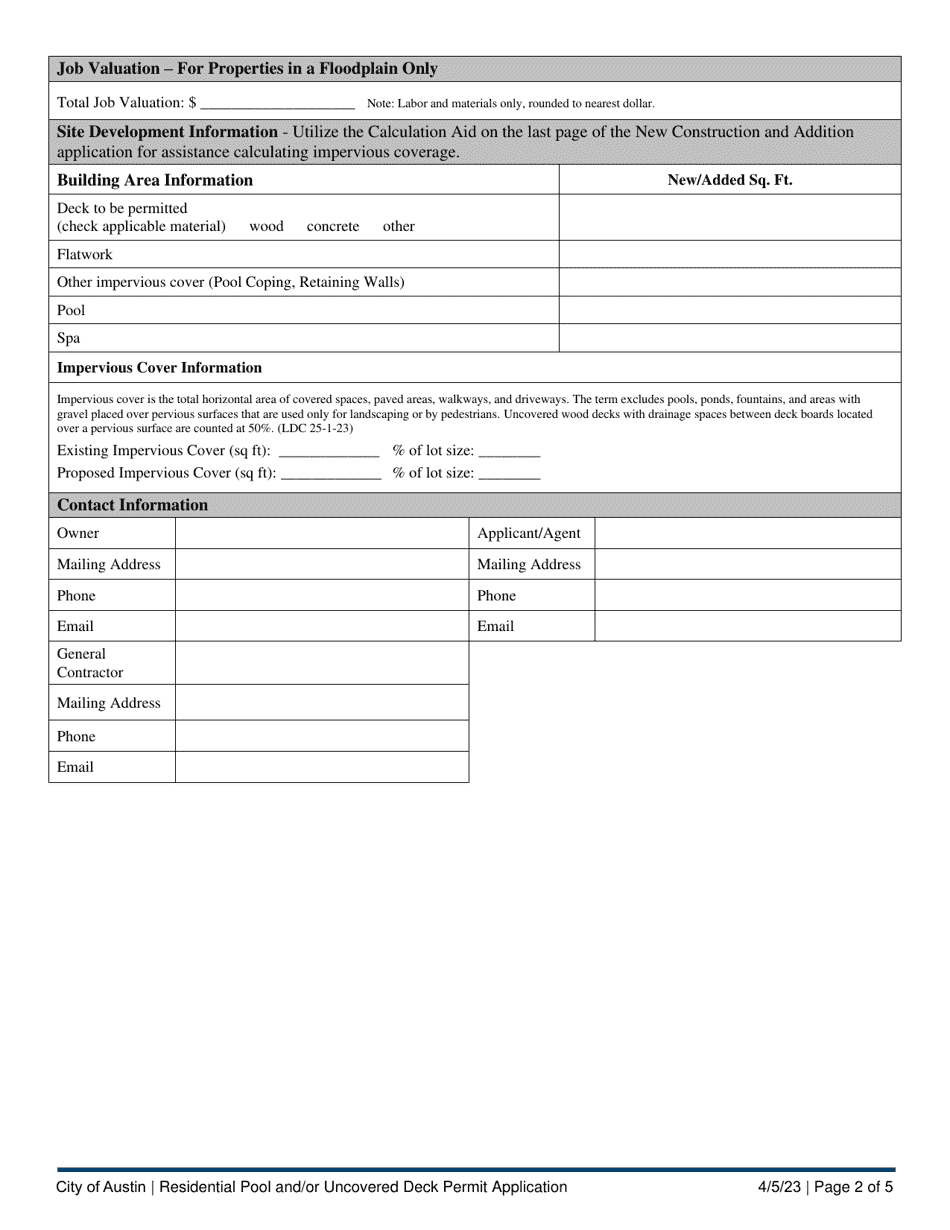 City Of Austin, Texas Residential Pool And/or Uncovered Deck Permit ...