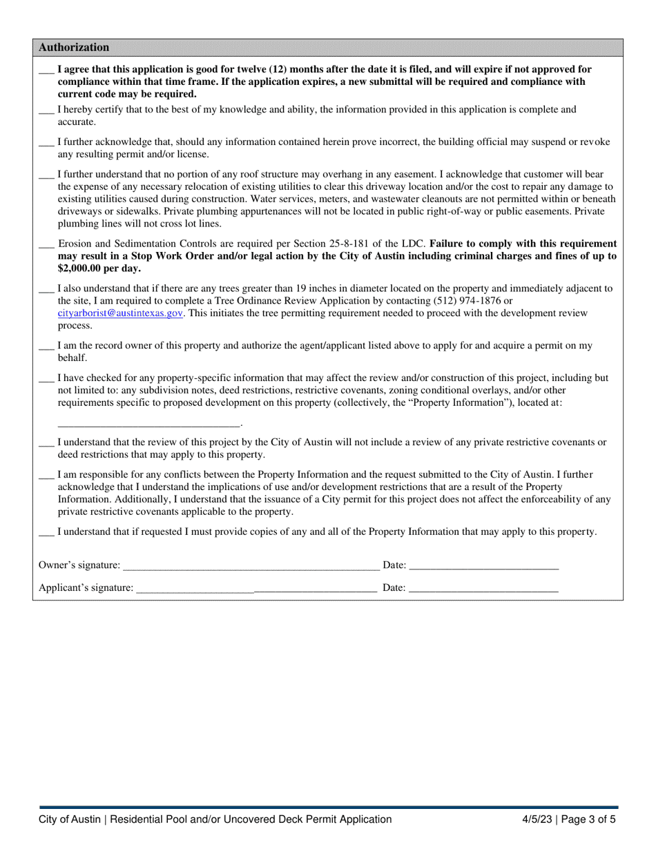 Residential Pool and / or Uncovered Deck Permit Application - City of Austin, Texas, Page 3