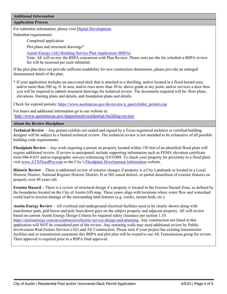 Residential Pool and / or Uncovered Deck Permit Application - City of Austin, Texas, Page 4
