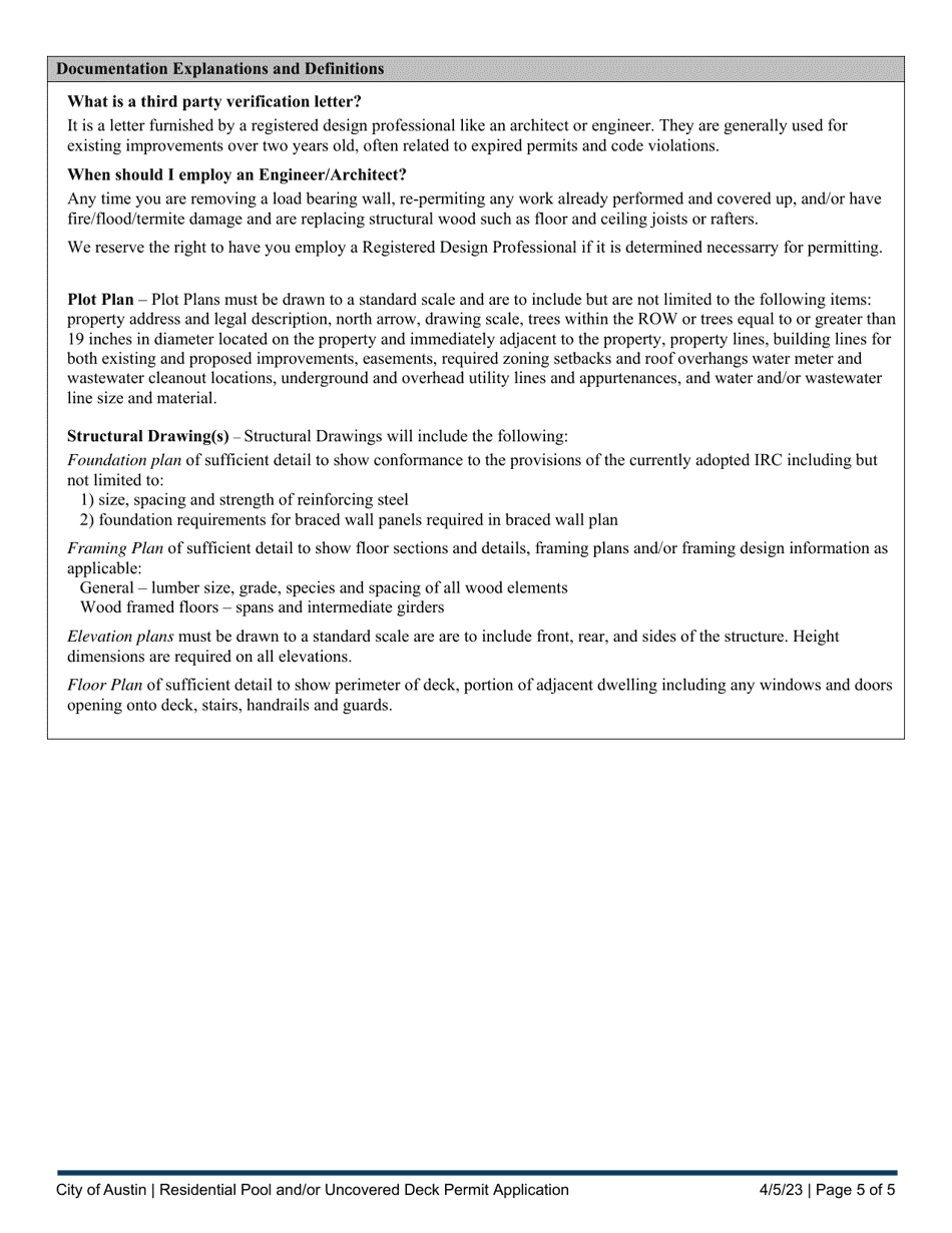 Residential Pool and / or Uncovered Deck Permit Application - City of Austin, Texas, Page 5