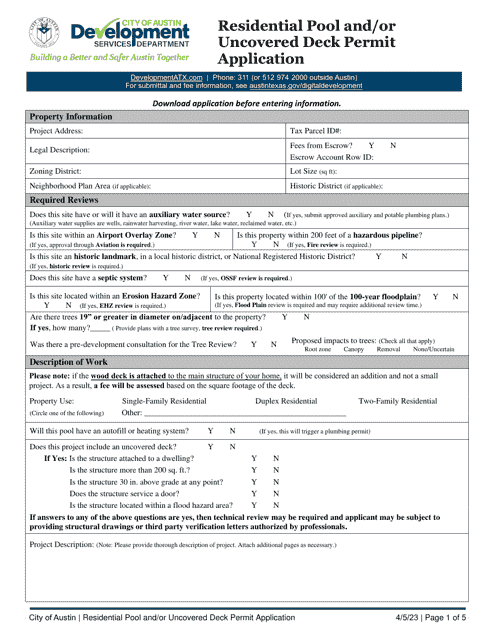 Residential Pool and / or Uncovered Deck Permit Application - City of Austin, Texas Download Pdf