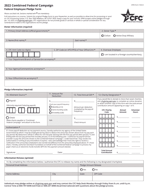 OPM Form 1654-A Combined Federal Campaign Federal Employee Pledge Form, 2022