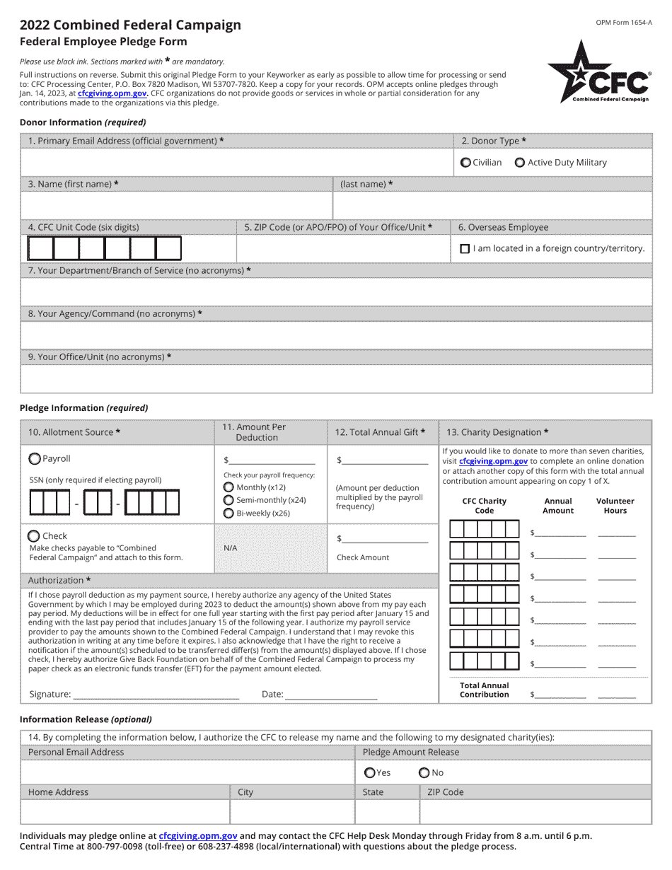 OPM Form 1654-A Combined Federal Campaign Federal Employee Pledge Form, Page 1