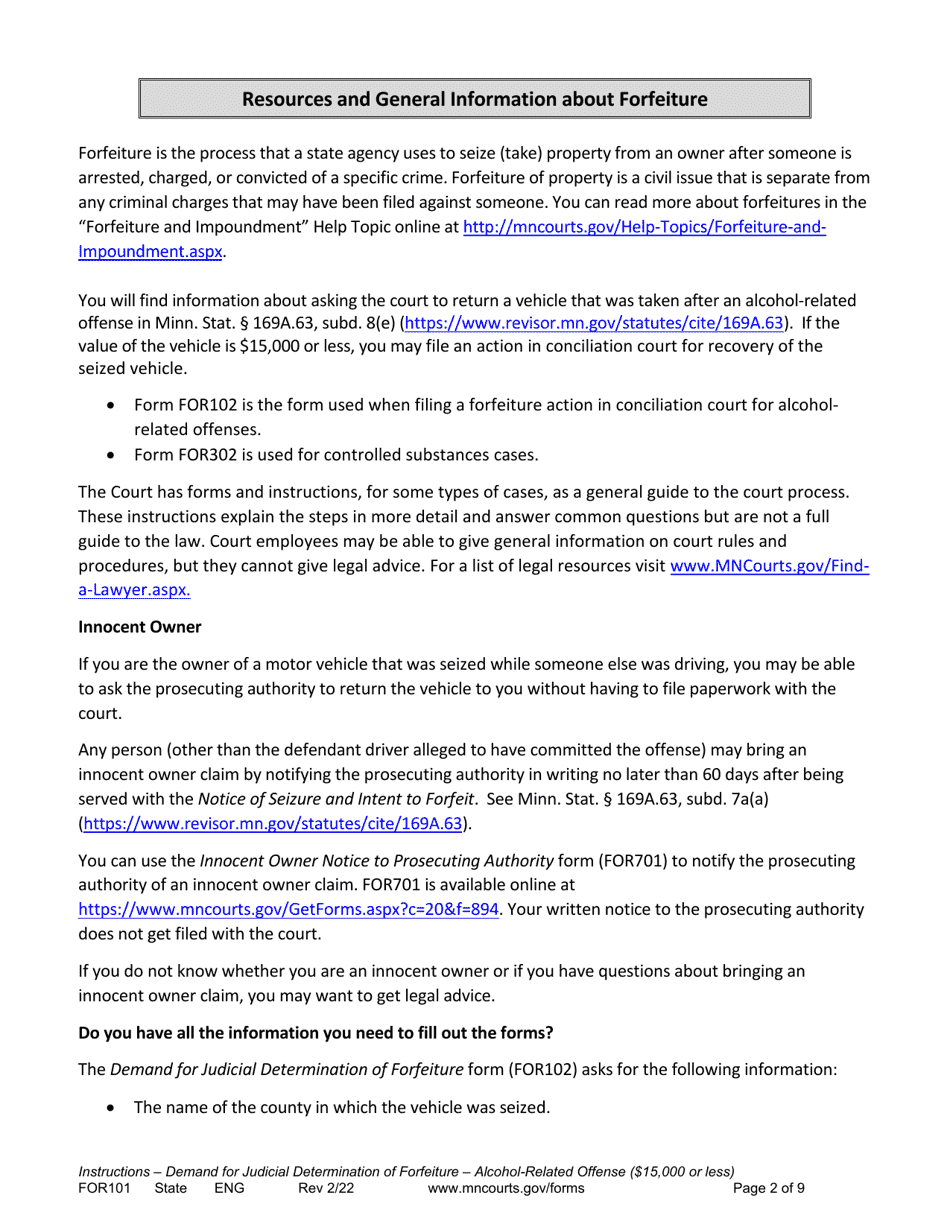 Form FOR101 Instructions - Conciliation Court Review of Motor Vehicle Forfeiture for Alcohol Related Offenses ($15,000 or Less) - Minnesota, Page 2
