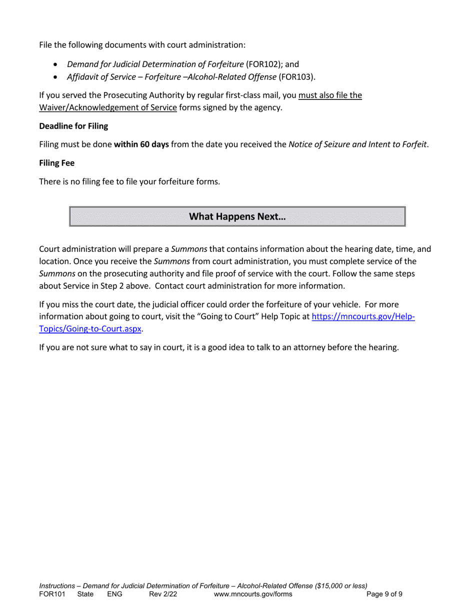 Form FOR101 Instructions - Conciliation Court Review of Motor Vehicle Forfeiture for Alcohol Related Offenses ($15,000 or Less) - Minnesota, Page 9