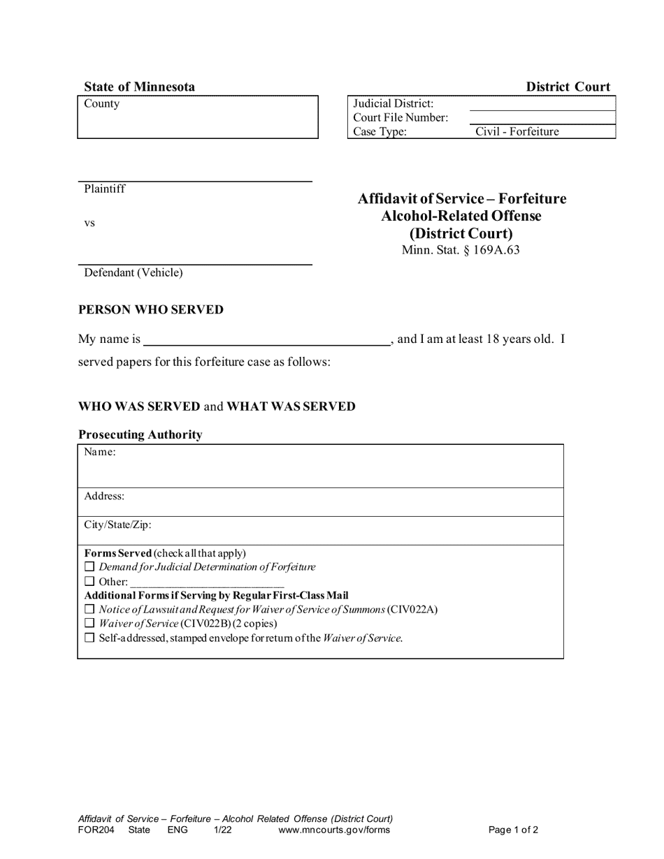 Form FOR204 Affidavit of Service - Forfeiture - Alcohol-Related Offense - Minnesota, Page 1