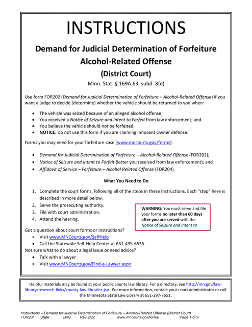 Form FOR201 Instructions - Judicial Review of Motor Vehicle Forfeiture for Alcohol Related Offenses - Minnesota