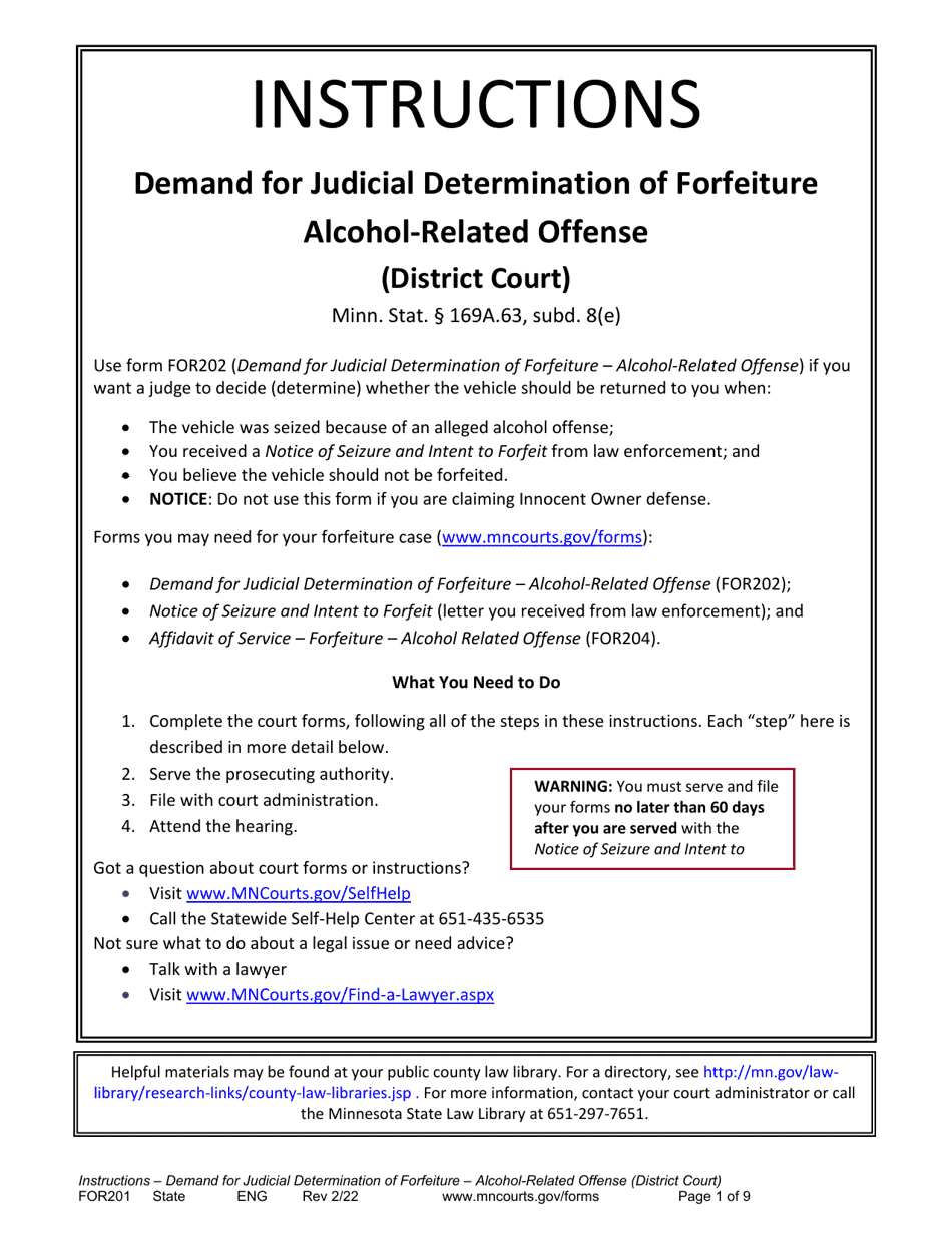 Form FOR201 Instructions - Judicial Review of Motor Vehicle Forfeiture for Alcohol Related Offenses - Minnesota, Page 1