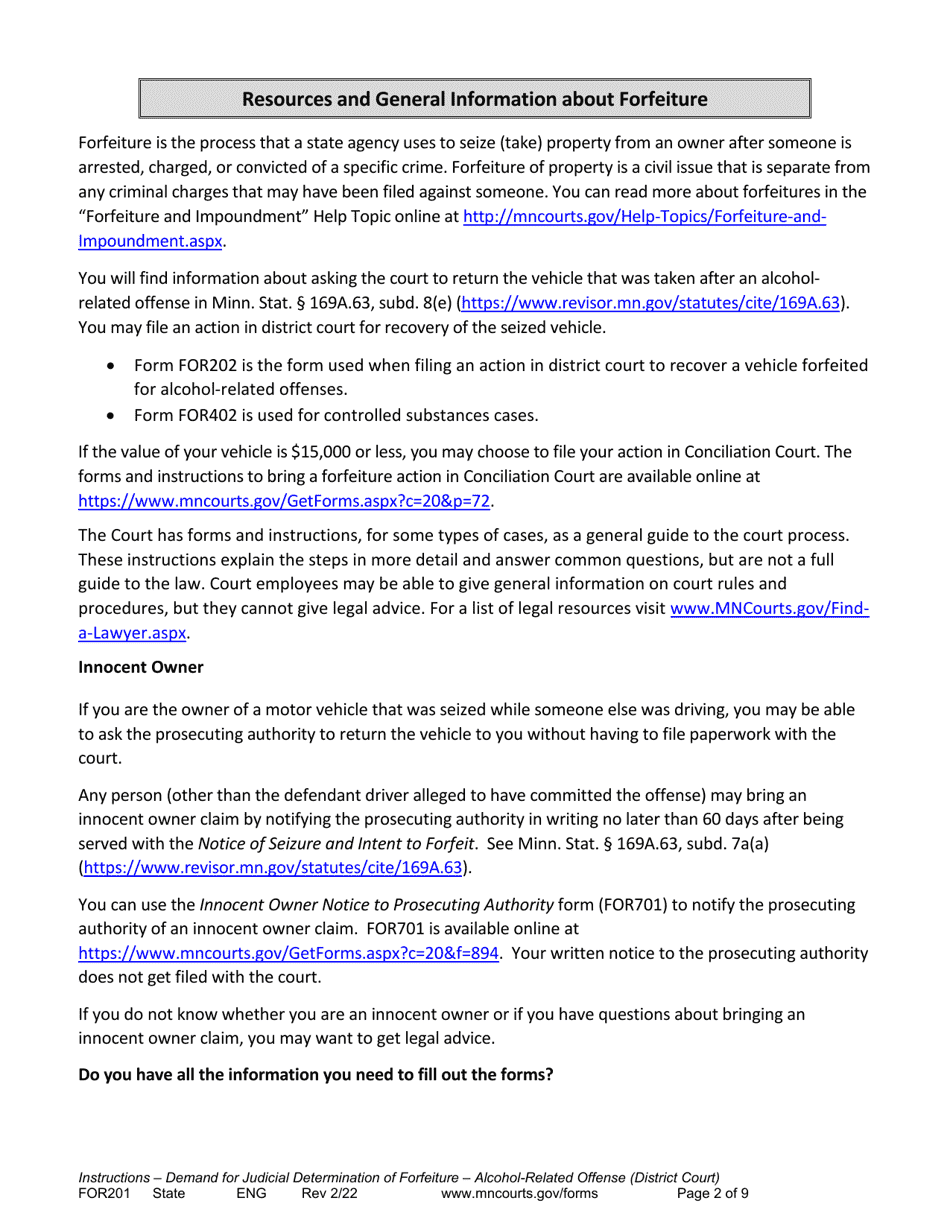Form FOR201 Instructions - Judicial Review of Motor Vehicle Forfeiture for Alcohol Related Offenses - Minnesota, Page 2