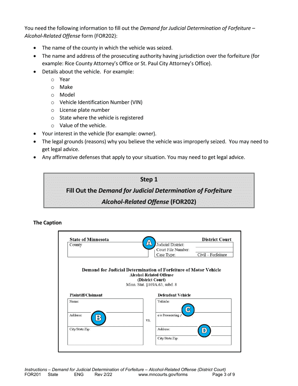 Form FOR201 Instructions - Judicial Review of Motor Vehicle Forfeiture for Alcohol Related Offenses - Minnesota, Page 3