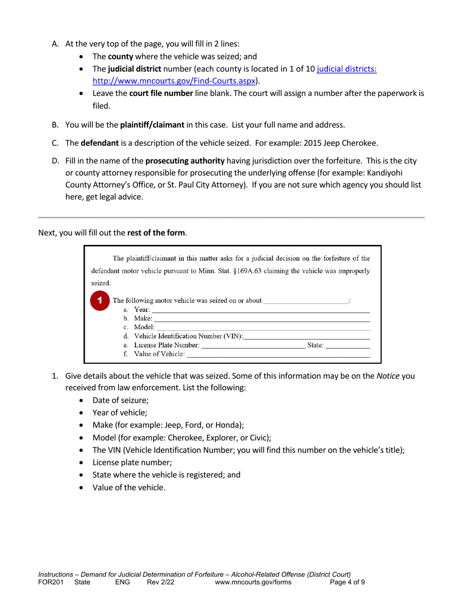 Form FOR201 Instructions - Judicial Review of Motor Vehicle Forfeiture for Alcohol Related Offenses - Minnesota, Page 4