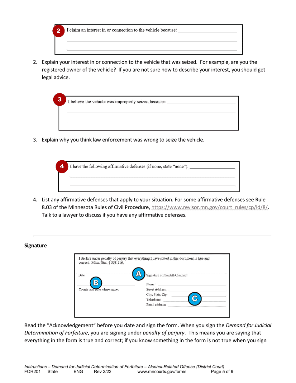 Form FOR201 Instructions - Judicial Review of Motor Vehicle Forfeiture for Alcohol Related Offenses - Minnesota, Page 5