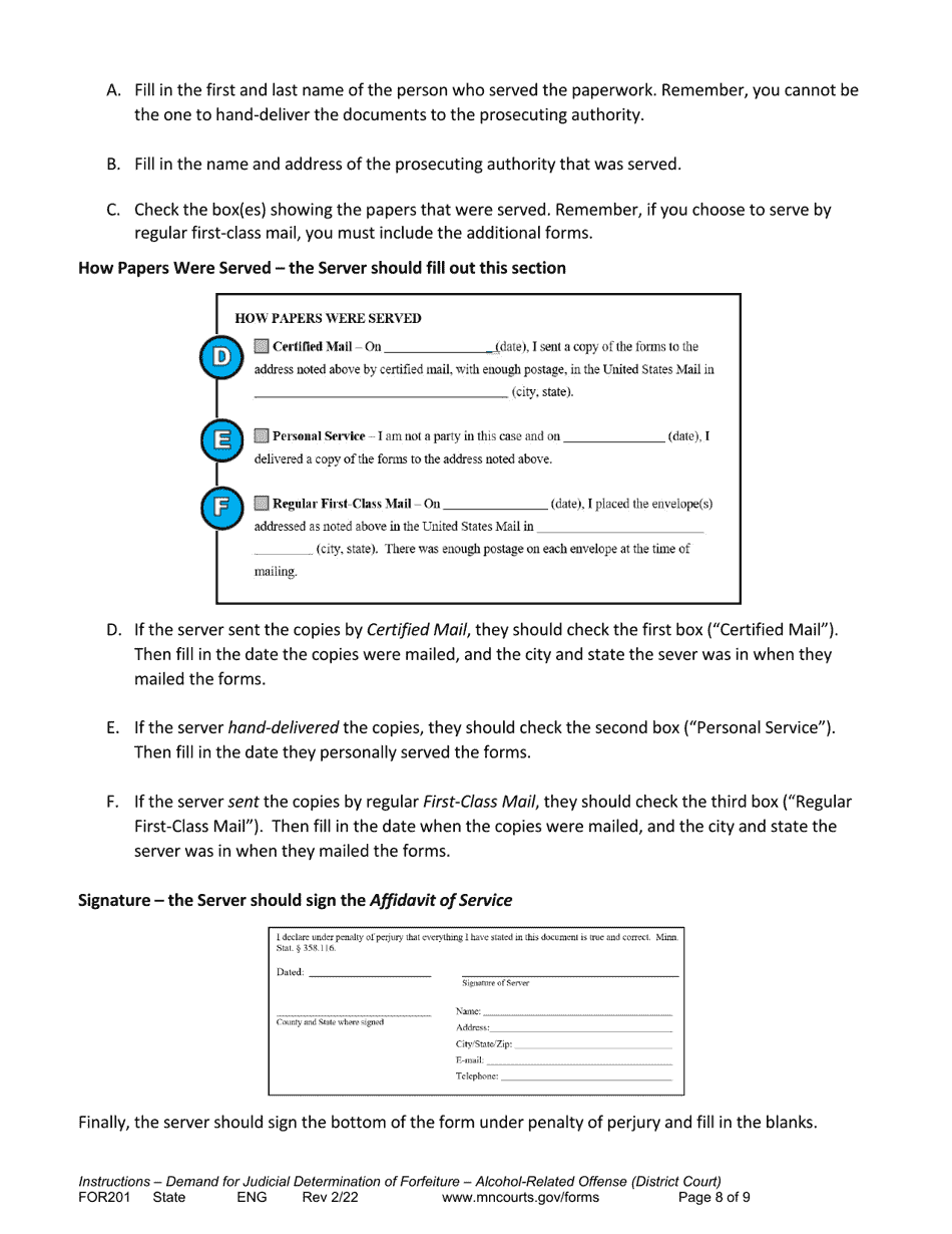Form FOR201 Instructions - Judicial Review of Motor Vehicle Forfeiture for Alcohol Related Offenses - Minnesota, Page 8