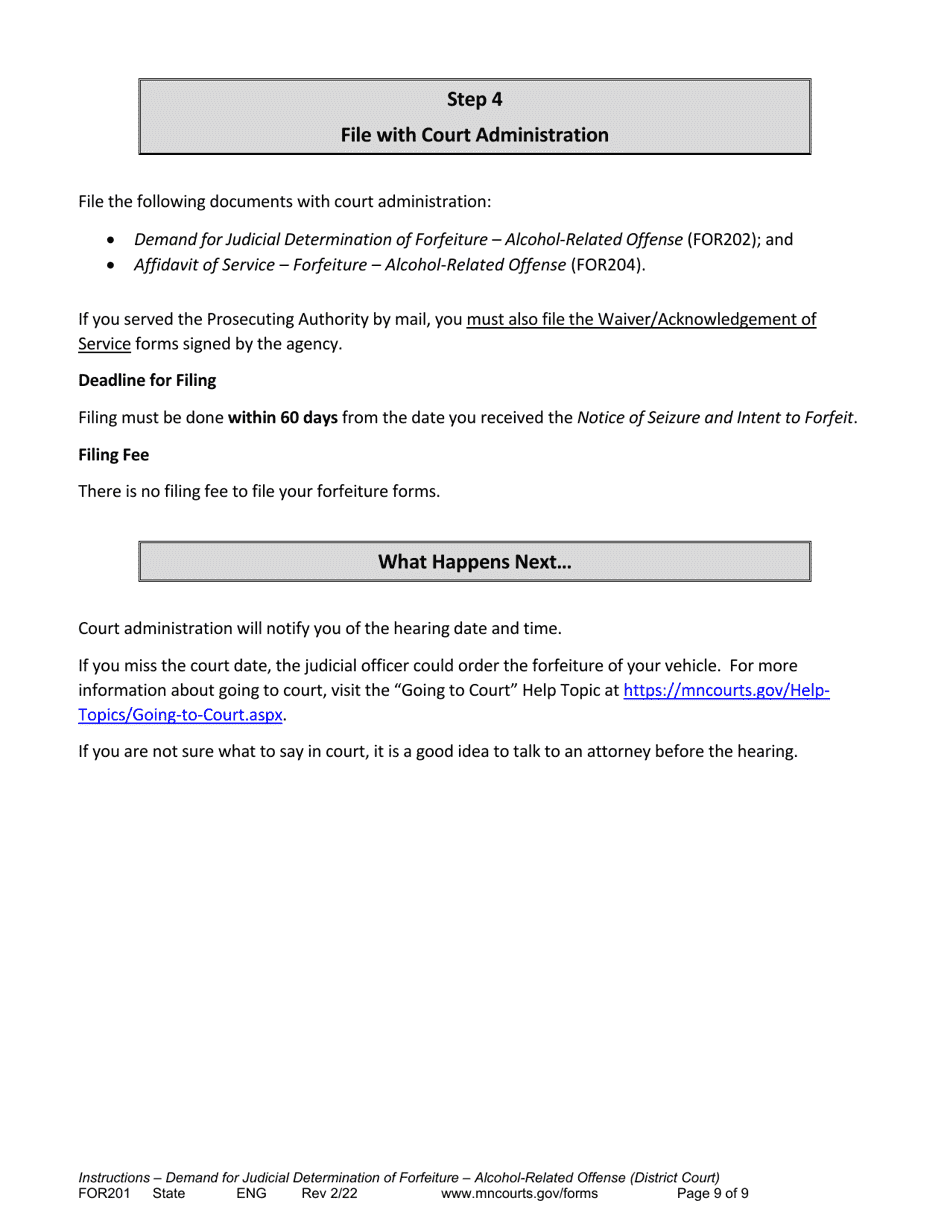 Form FOR201 Instructions - Judicial Review of Motor Vehicle Forfeiture for Alcohol Related Offenses - Minnesota, Page 9