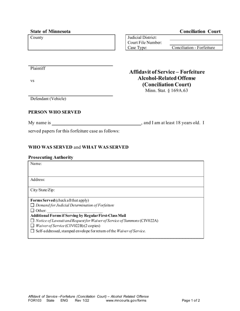 Form FOR103 Affidavit of Service - Forfeiture Alcohol-Related Offense - Minnesota