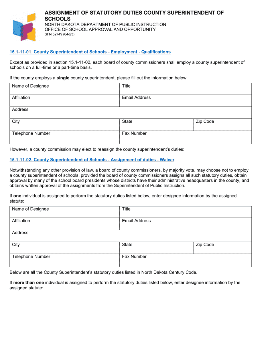 Form SFN52749 Assignment of Statutory Duties County Superintendent of Schools - North Dakota, Page 1