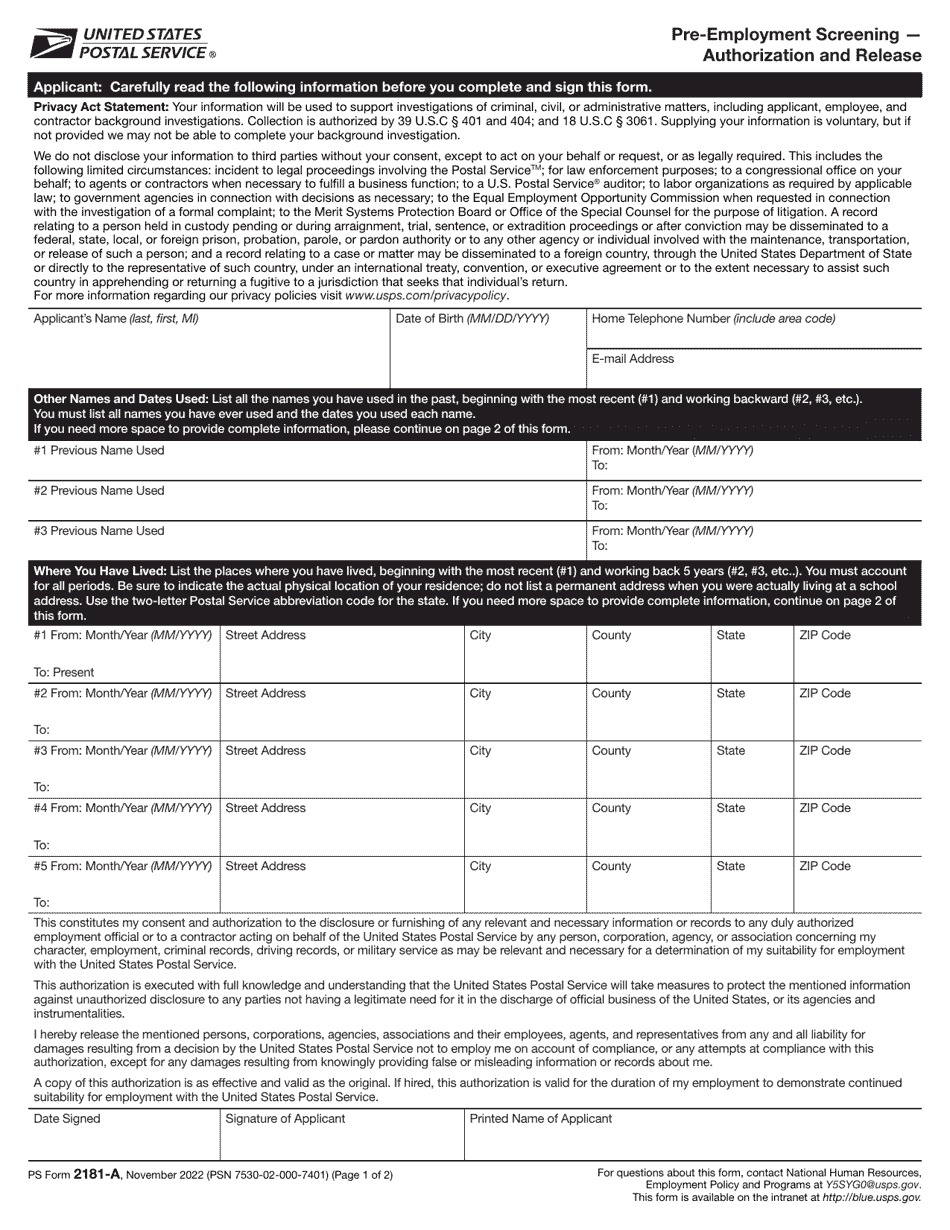 PS Form 2181-A Pre-employment Screening - Authorization and Release, Page 1