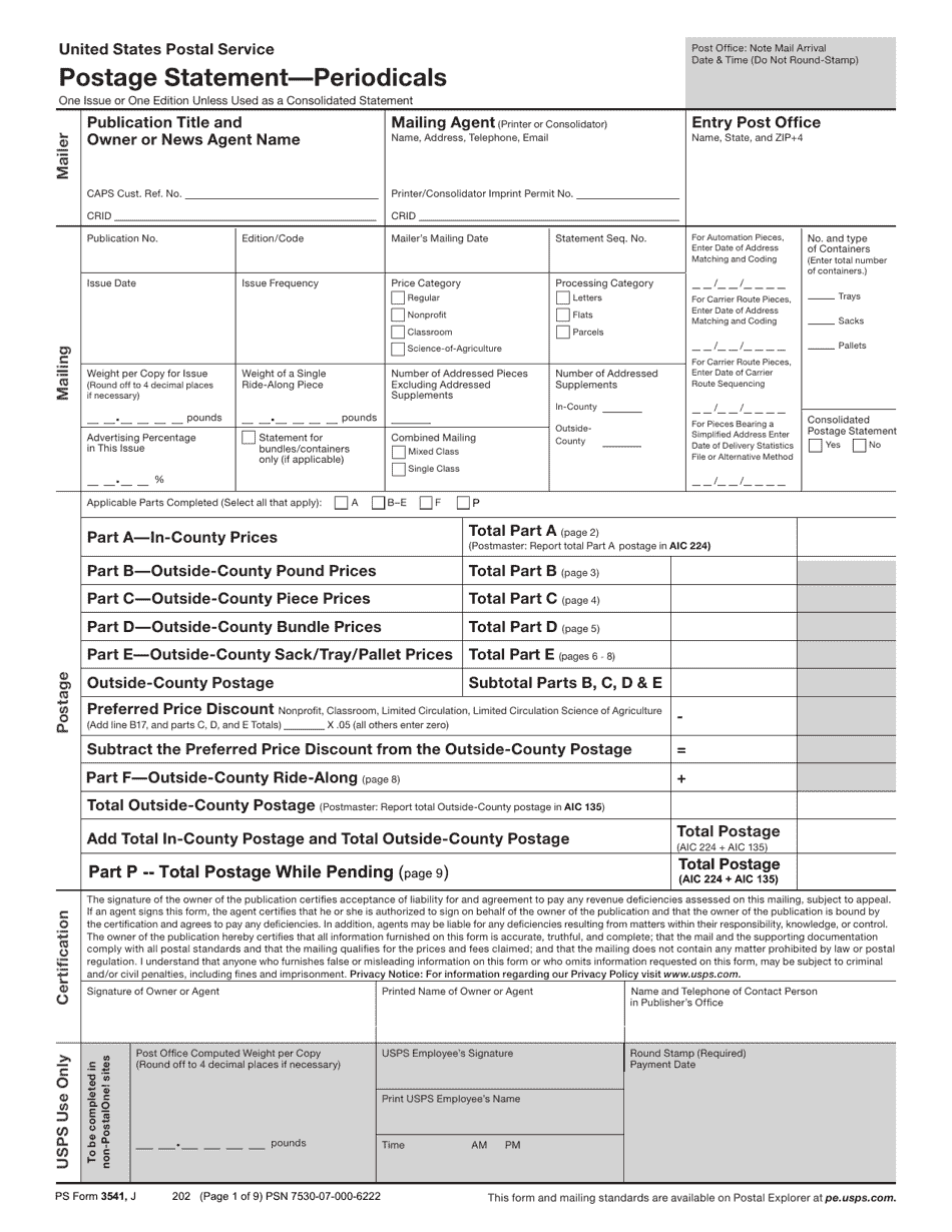 PS Form 3541 Postage Statement - Periodicals, Page 1