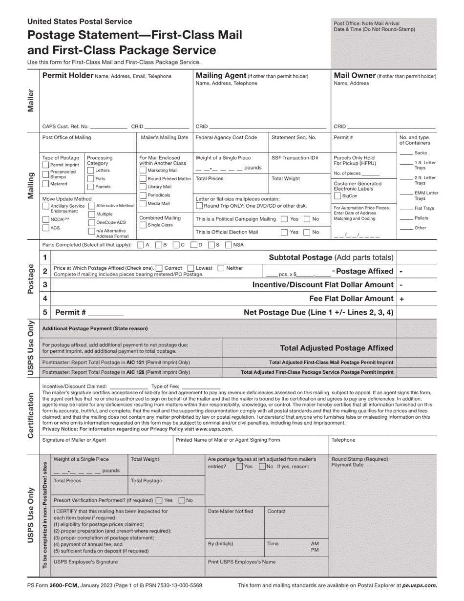 PS Form 3600-FCM Postage Statement - First-Class Mail and First-Class Package Service, Page 1