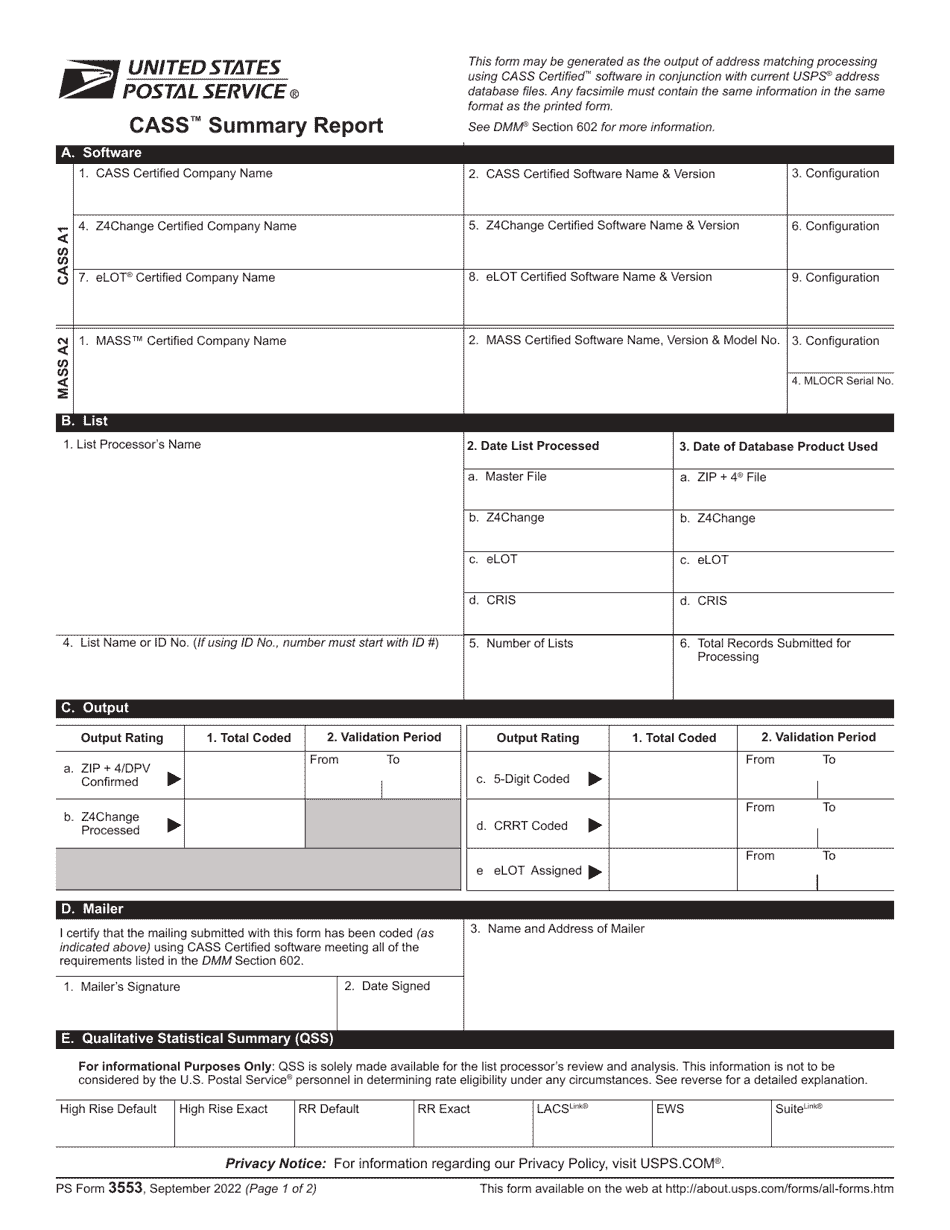 PS Form 3553 Cass Summary Report, Page 1