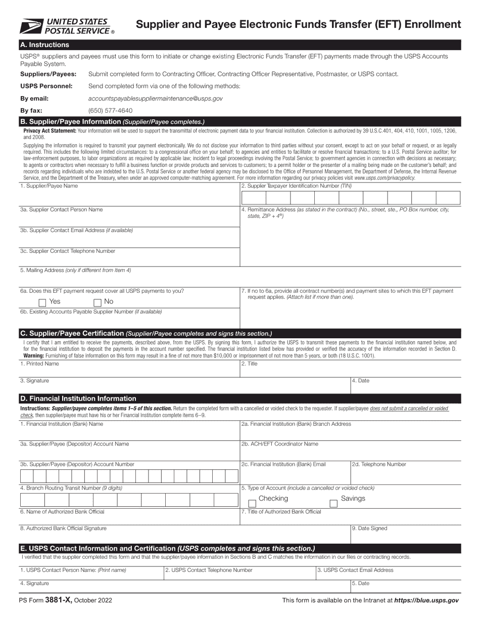 PS Form 3881-X Supplier and Payee Electronic Funds Transfer (Eft) Enrollment, Page 1