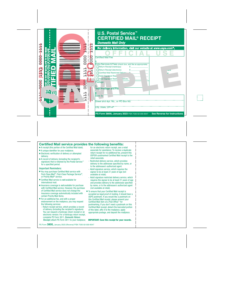 PS Form 3800 Certified Mail Receipt - Domestic Mail Only - Sample, Page 1